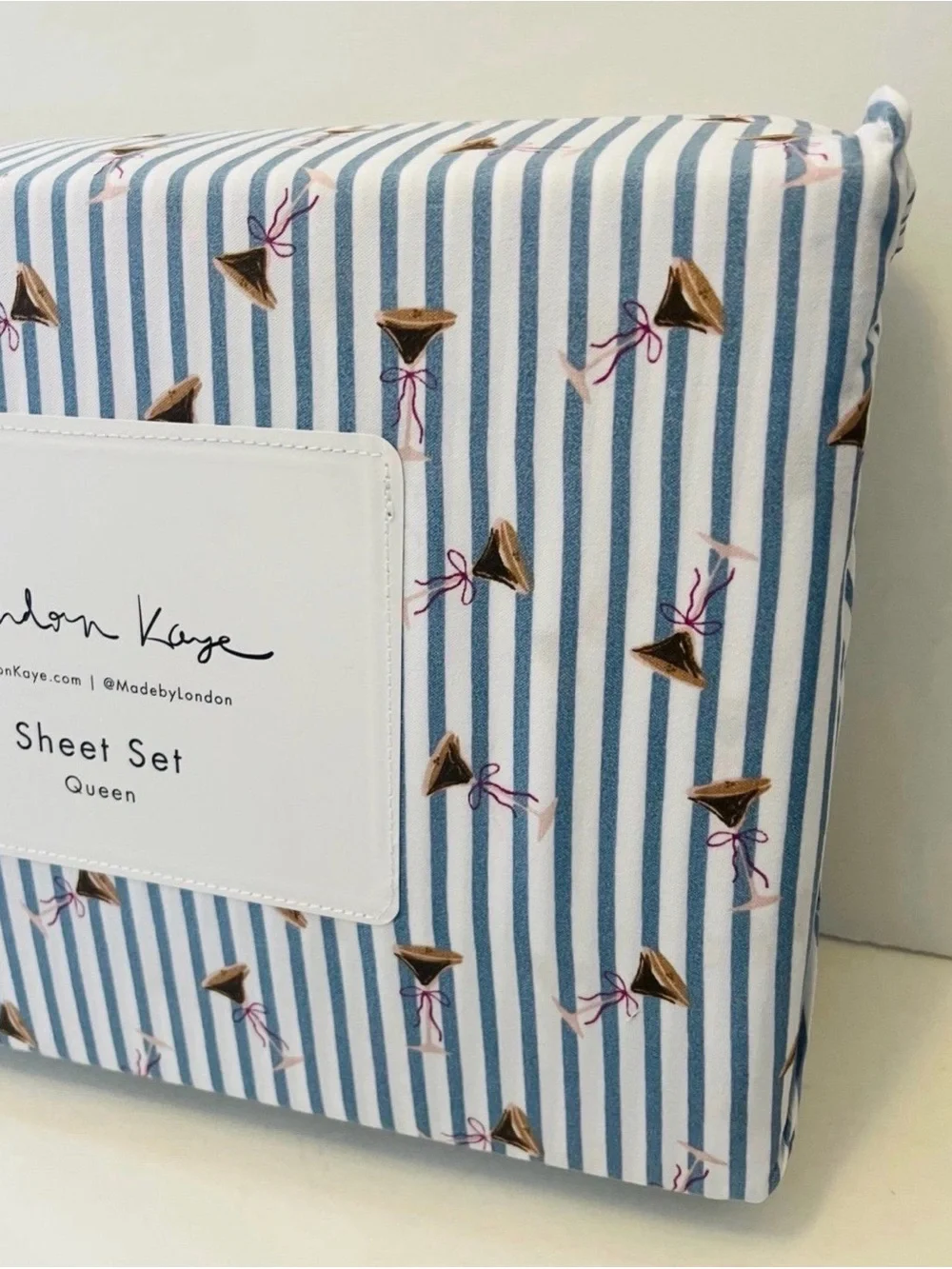 London Kaye Queen Size Sheet Set Mini Stripe Cafe Espresso Martini Glasses Bows